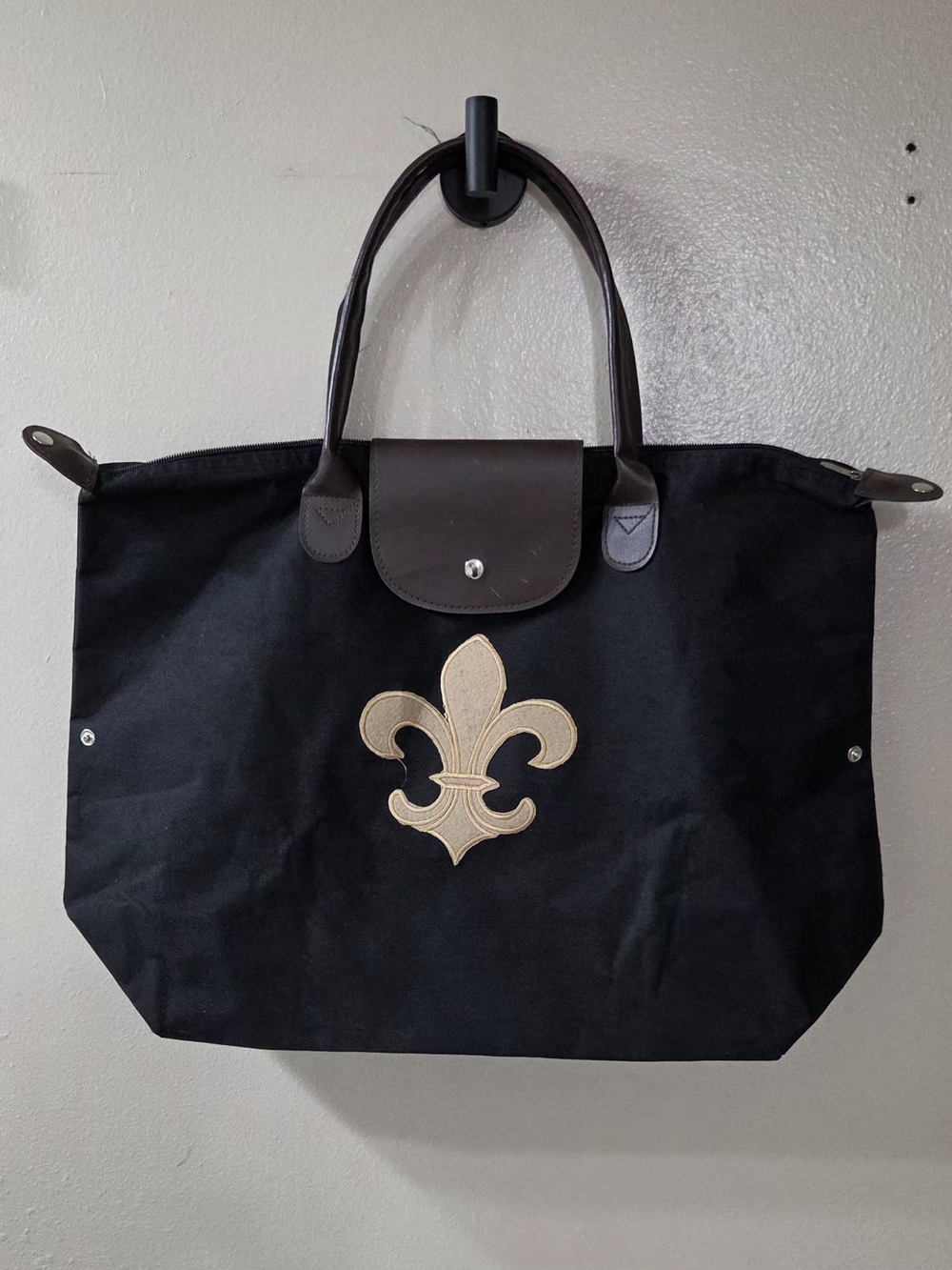 Black Tote Bag with Gold Fleur-de-Lis Accent